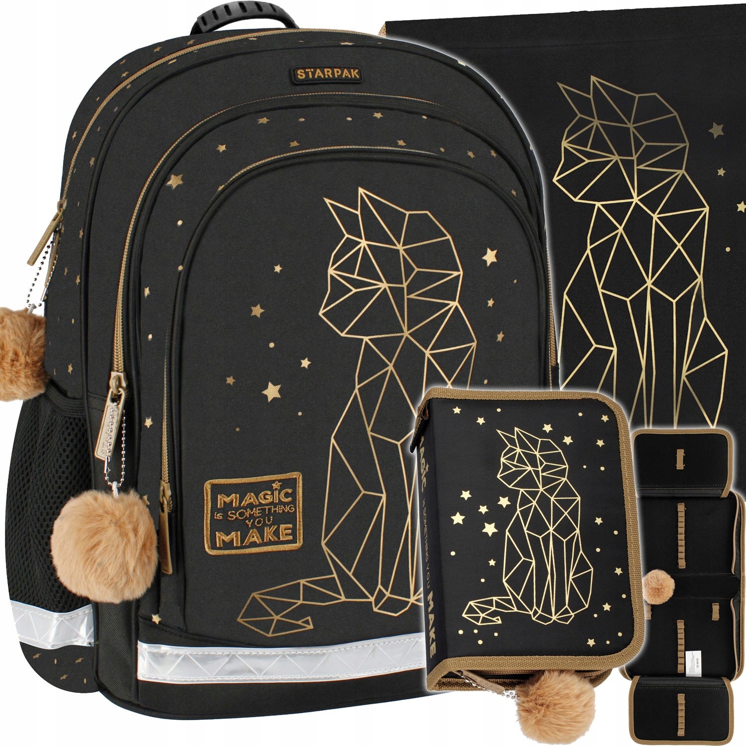 Starpak viackomorový školský batoh čierny, Odtiene sivej a striebornej, Odtiene žltej a zlatej, Multicolor 23 l + 2 ďalšie produkty